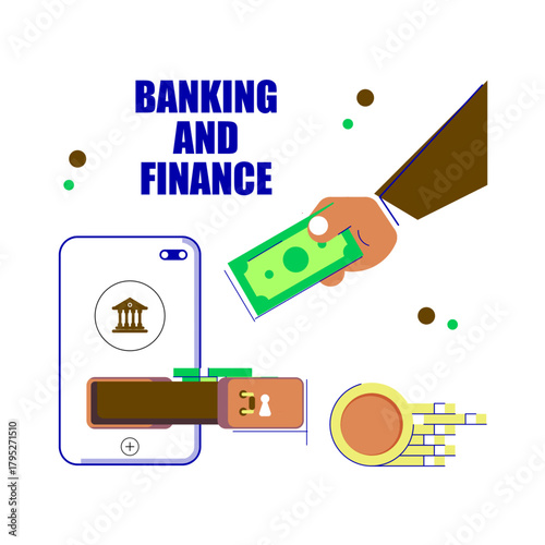 Illustration showing saving money through mobile banking, with a hand holding cash, a secure phone app, and digital financial elements symbolizing smart money management.