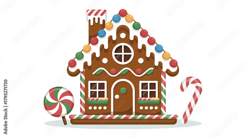 Fototapeta premium Sweet Gingerbread House Delight: A beautifully crafted gingerbread house stands adorned with colorful candies and icing, next to a lollipop and candy cane, evoking warmth and joy. 