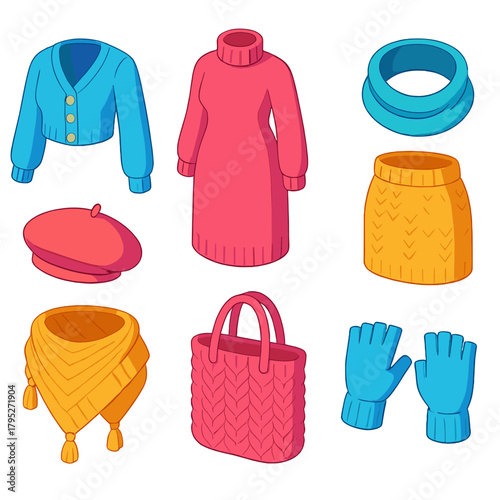 Modern Knit Fashion Icons. Fashion Knit Ensemble modern flat icon set: cropped cardigan, chunky sweater dress, knit skirt, infinity scarf, beret, textured shawl, knitted tote,