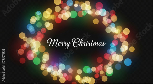 A festive Christmas lights wreath with 'Merry Christmas' text, creates a celebratory mood. Colorful bokeh lights encircle the message, casting a warm glow. vector illustration