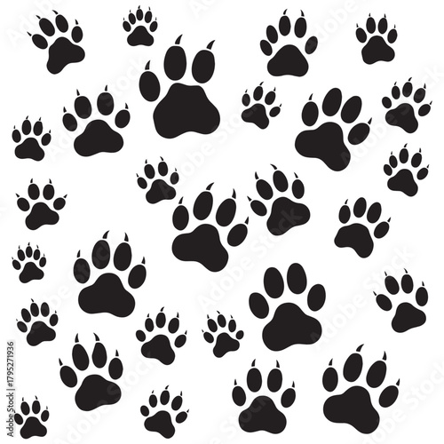 Dynamic black paw prints create a playful and energetic pattern perfect for animal-themed designs and wildlife projects