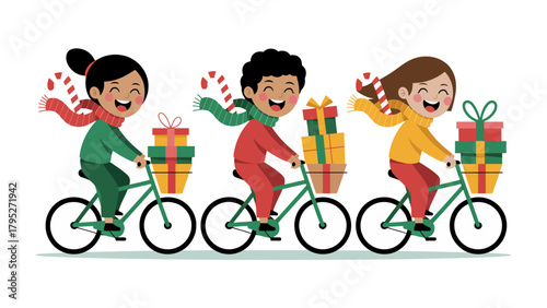 Joyful Christmas Delivery: Cheerful children pedal their bikes, baskets brimming with colorful gifts and candy canes, ready to spread holiday cheer and joy. 