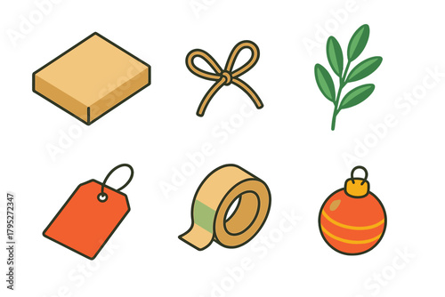 Minimal Holiday Icons. Minimal Holiday Wrap modern flat icon set: plain paper, twine knot, herb sprig, handwritten tag, compostable tape, small ornament.