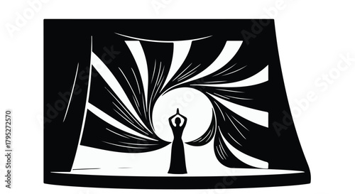 Graceful dancer performs on stage with dramatic spotlight and swirling curtains.