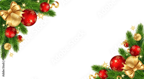 Festive Christmas Corner Decoration with Red and Gold Ornaments on Fir Branches for Holiday Cards and Seasonal Greetings