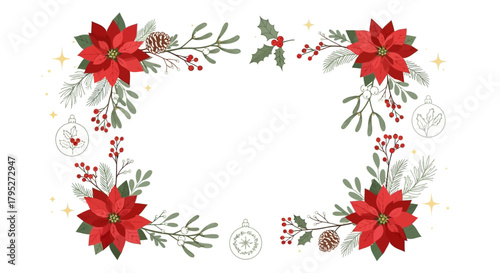 Festive floral Christmas frame design with red poinsettias, pine cones, and holly berries, perfect for holiday greeting cards, invitations, and seasonal marketing materials.
