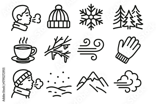 Winter Icon Collection. Breath in the Cold Air outline icon set: frosty exhale, scarf, beanie, snowflake, pine forest, steaming cup, frozen branch, icy wind swirl, wool gloves,
