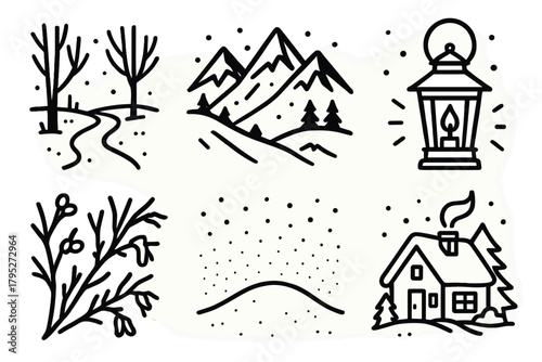 Winter Wonderland Icons. Winter Art Inspiration outline icon set: snowy path, mountain ridge, bare trees, glowing lantern, frozen branches, snow-covered hill, winter sky gradient,