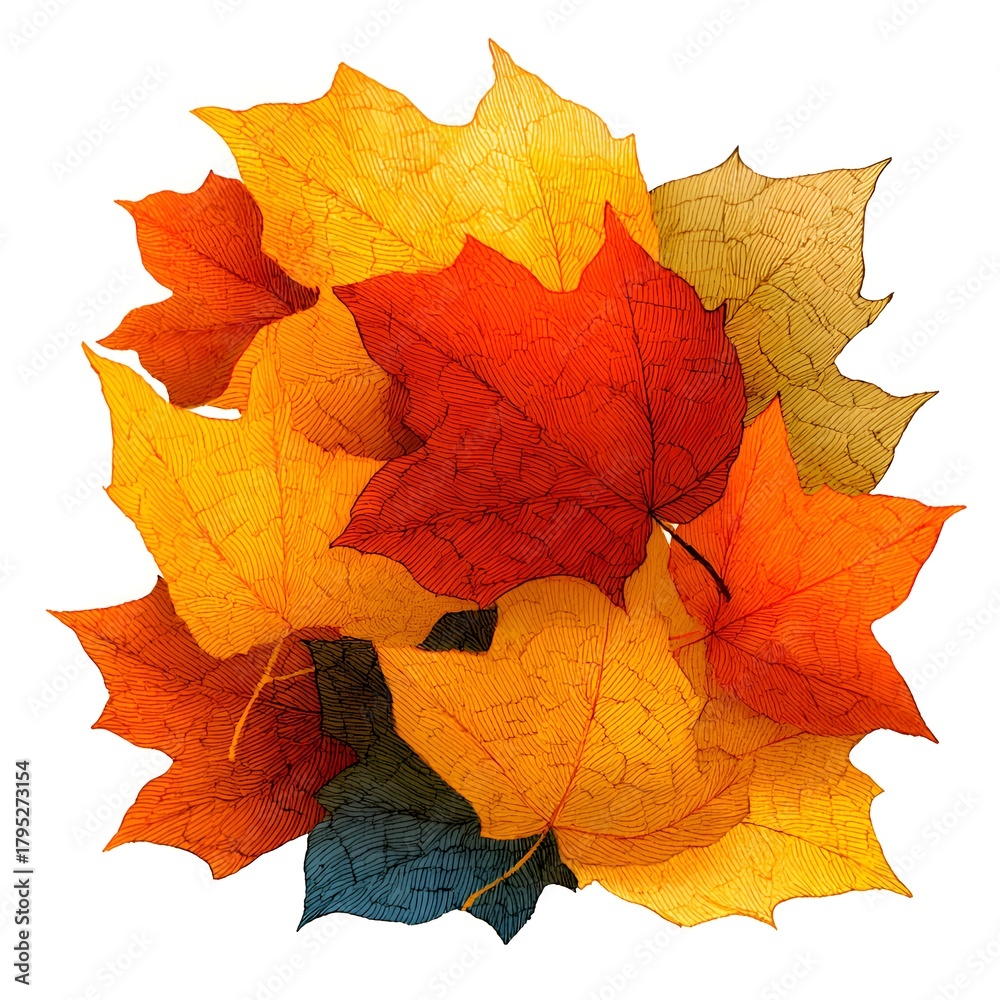 Obraz premium A vibrant pile of hand drawn maple leaves in autumn colors creates a warm and inviting seasonal illustration on a white background.
