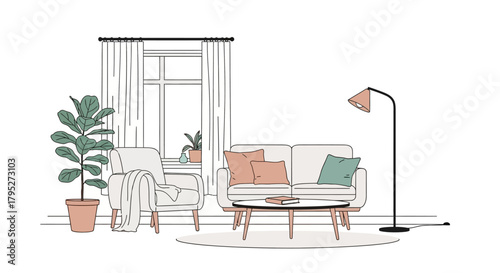 Minimalist Living Room Illustration with Cozy Furniture and Natural Light for Interior Design and Home Decor Projects and architectural visualization