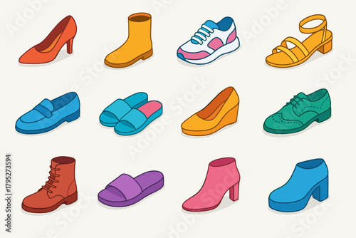 Stylish Footwear Icons. Stylish Footwear modern flat icon set: elegant pumps, suede boots, sporty sneakers, strappy sandals, loafers, slippers, wedge heels, brogues, lace-up boots,
