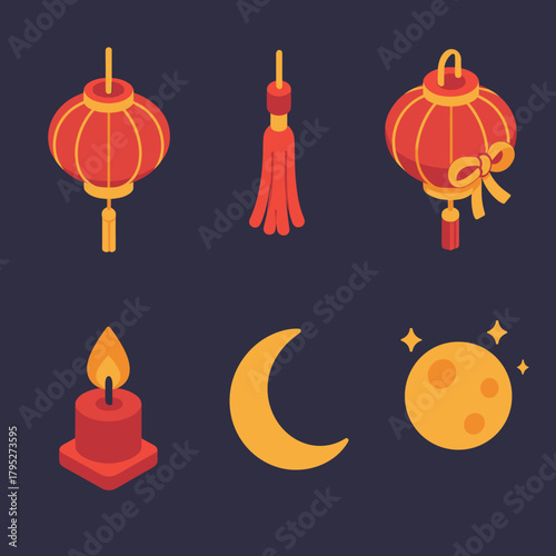Lunar New Year Icons. Lunar New Year Red Lanterns modern flat icon set: hanging lantern, tassel, gold ribbon, candle glow, moon, night sky.