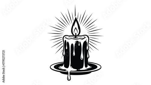 Burning candle silhouette with light rays isolated on white background, Vector