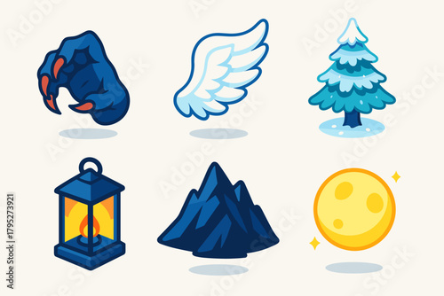 Winter Icons Display. Winter Opposition modern flat icon set: clawed hand, angel wing, frosted pine, flickering lantern, dark mountain, shining moon.