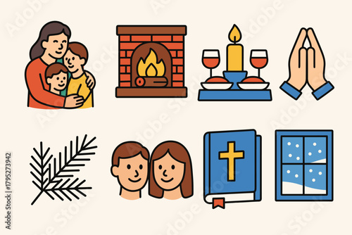 Orthodox Christmas Icons. Orthodox Christmas Togetherness modern flat icon set: family embrace, warm fireplace, candlelight dinner, prayer hands, pine branch, smiling faces, hymn