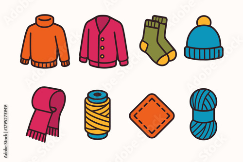 Cozy Knitwear Icons. Cozy Knitwear modern flat icon set: turtleneck sweater, cardigan, wool socks, beanie, scarf, thread spool, patch, yarn skein.