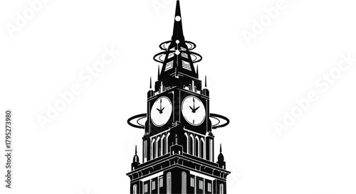Striking monochrome illustration of a tall, ornate clock tower reaching towards the sky.