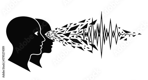 Two profiles observing a shattered abstract wave pattern, symbolizing perception and information transfer.