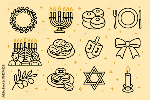 Hanukkah Celebration Icons. Hanukkah Dinner Gathering outline icon set: menorah glow, candles, latkes, dreidel, coins, blue ribbon, olive branch, tableware, star pattern, wreath,