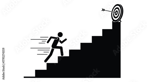 Running up stairs to a target silhouette isolated on white background, Vector