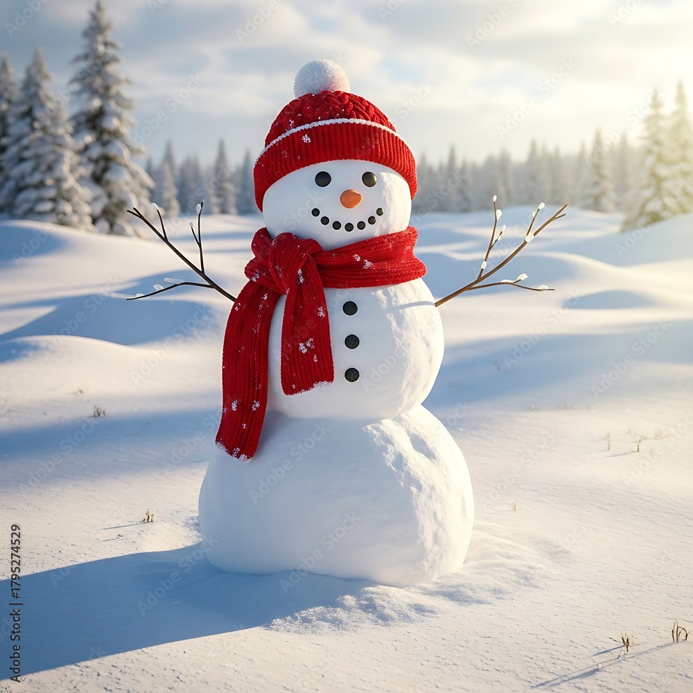 Obraz premium Cheerful snowman stands in a snowy field wearing a red hat and scarf on a bright winter day