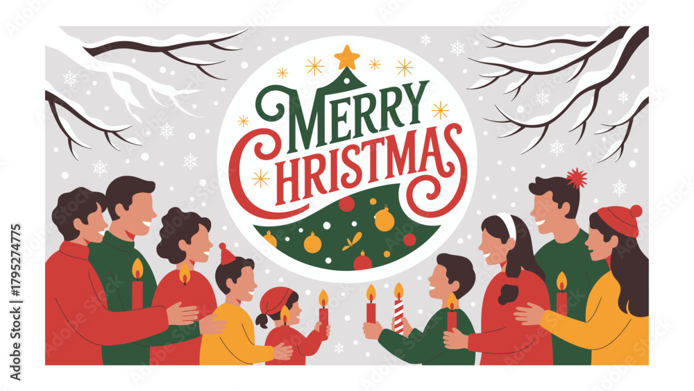 Obraz premium Christmas Carolers: A heartwarming illustration captures a group of diverse carolers, their faces lit by candlelight, singing carols against a snowy backdrop.