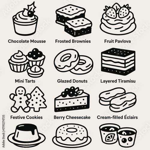 New Year Desserts Icons. New Year Homemade Desserts outline icon set: chocolate mousse, frosted brownies, fruit pavlova, mini tarts, glazed donuts, layered tiramisu, festive