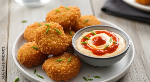 Chicken nuggets served with spicy sriracha mayo dip, trendy food aesthetic.