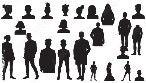 Diverse collection of modern professional and casual human silhouettes representing various ages and styles for dynamic design projects