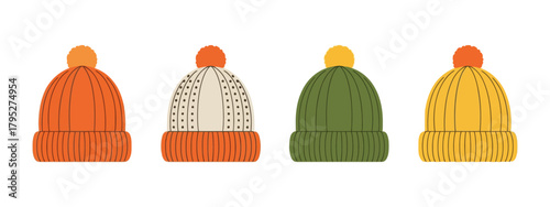Knitted hats in different colors, cozy warm winter headwear collection in flat design, handmade wool accessories clipart for seasonal illustrations