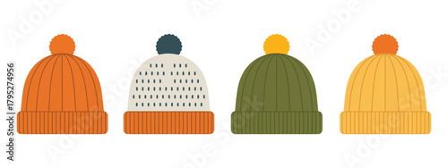 Knitted hats in different colors, cozy warm winter headwear collection in flat design, handmade wool accessories clipart for seasonal illustrations