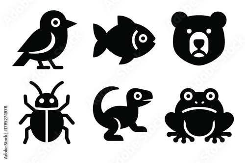 Brutalist Animal Icons. Species Diversity silhouette icons set: bird, fish, mammal, insect, reptile, amphibian.
