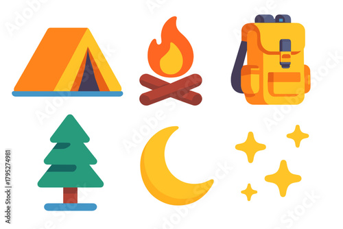 Isometric Camp Icons. Wilderness Camp flat icons: tent, campfire, backpack, pine tree, moon, stars.