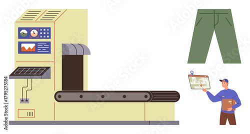 Factory conveyor belt with control panel, operator holding touchscreen, and green pants. Ideal for manufacturing, apparel industry, automation, quality control, production process, technology simple
