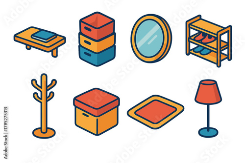 Compact Living Icons. Compact Living Setup flat icons: wall shelf, organizer bins, mirror, shoe rack, coat hanger, storage ottoman, rug, lamp.
