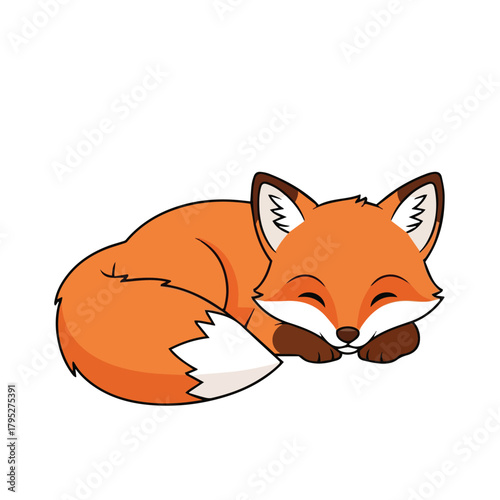 A cute baby fox with a bushy tail laying down, cartoon vector illustration on a white background.