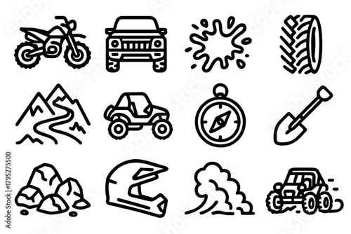 OffRoad Icon Set. OffRoad Adventure linear icons: dirt bike, rally car, mud splash, tire tread, mountain path, dune buggy, compass, shovel, flag pole, rocky terrain, helmet, dust.