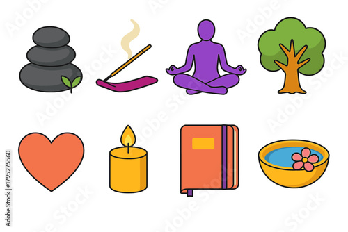 Healing Retreat Icons. Healing Retreat flat icons: stone stack, incense, yoga pose, tree, heart, candle, journal, spa bowl.