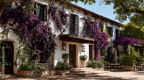 White building covered in purple flowers, with doors and balcony