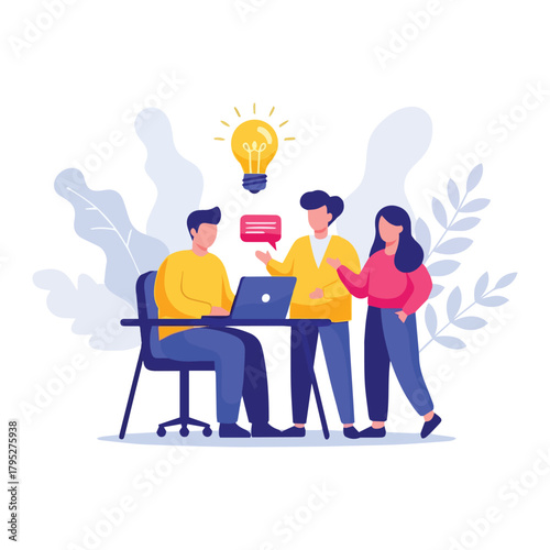 Team thinking and brainstorming. Increase sales and skills. Analytics of company information. Flat vector illustration