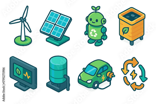 Green Tech Icons. Green Technology flat icons: wind turbine, solar array, eco robot, compost bin, smart monitor, water tank, electric vehicle, energy flow.