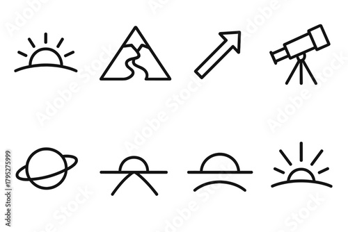 Futuristic Horizon Icons. Future Horizons linear icons: sunrise, mountain peak, arrow, telescope, planet, horizon line, path, light ray.