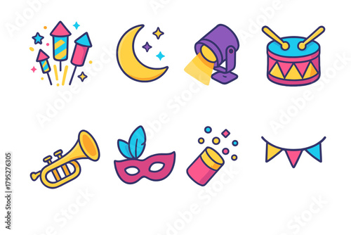 Carnival Night Icons. Carnival Night flat icons: fireworks, moon, spotlight, drum, trumpet, mask, glitter, banner.