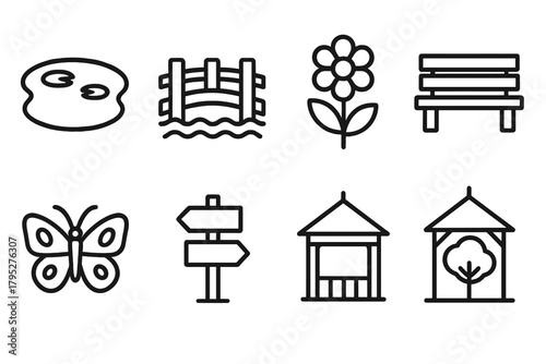 Urban Nature Icons. Urban Nature Areas linear icons: pond, wooden bridge, flowers, park bench, tree, butterfly, signpost, gazebo.