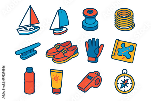 Sailing Essentials Icons. Sailing Essentials flat icons: yacht, sail, winch, rope coil, cleat, deck shoes, gloves, navigation chart, water bottle, sunscreen tube, whistle, compass.