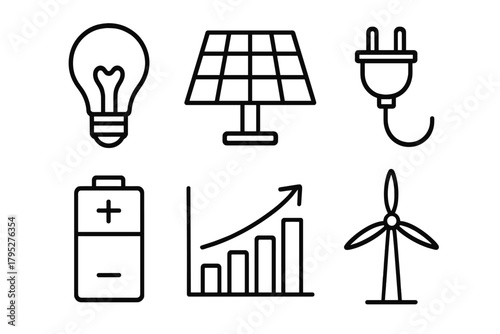 Energy Icons Collection. Energy Efficiency linear icons: light bulb, solar panel, plug, battery, graph, wind turbine.