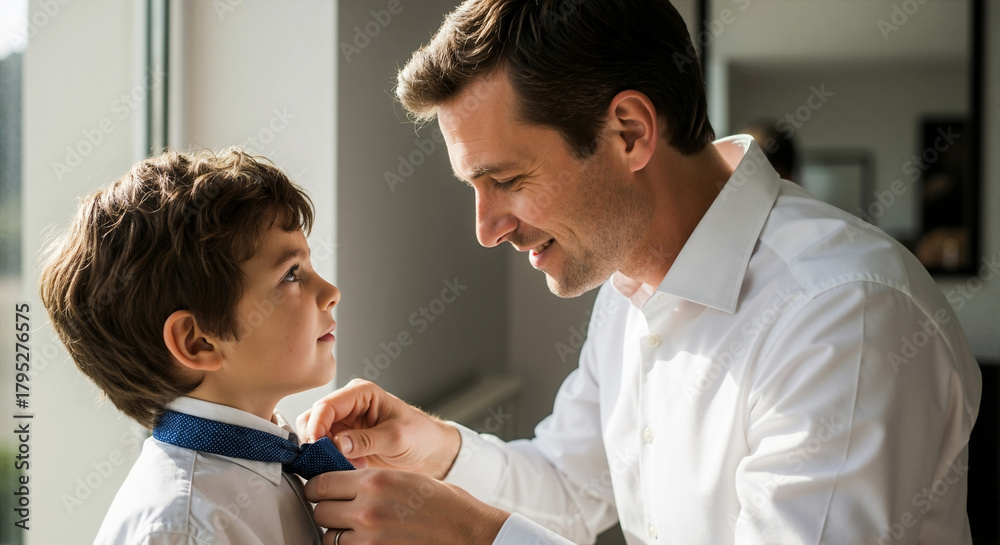 Obraz premium Father helping son with tie in bright room by window 