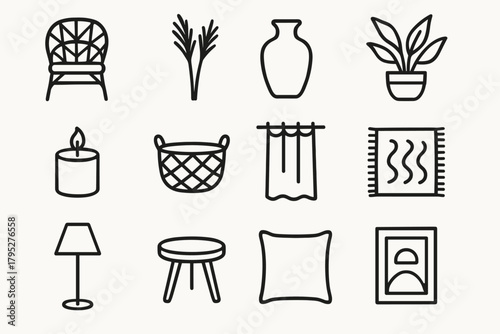 Boho Style Icons. Natural Boho Style Icons linear icons: rattan chair, dried pampas grass, ceramic vase, plant pot, candle, woven basket, curtain, rug, floor lamp, side table.