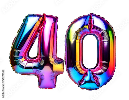 数字の40の形のホログラムカラーの風船（Number 40 hologram color foil balloon on white background）
