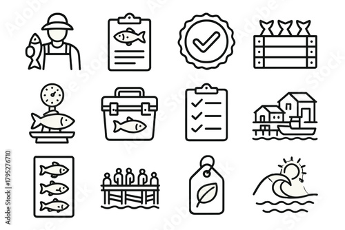 Sustainability Fishing Icons. Responsible Harvesting linear icons: fisherman icon, catch record, certification seal, fish crate, scale, ice box, checklist, local harbor, fish.
